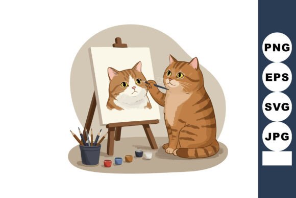 Cat Painting Self Portrait on Easel with Creative Expression in Digital Art