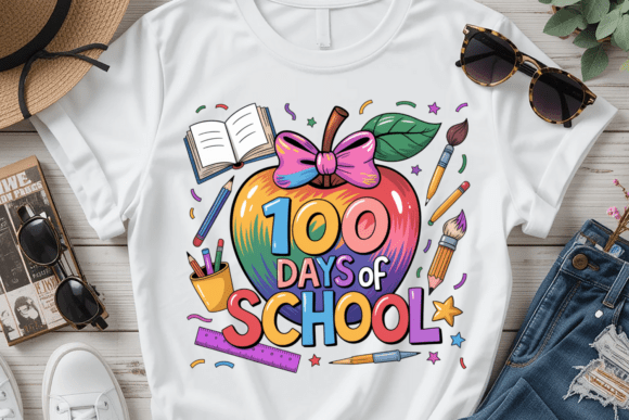 Celebrating the 100th Day of School with a Rainbow Apple PNG Design