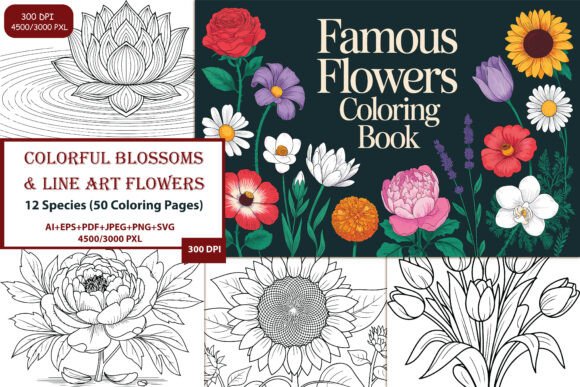 Discover the Beauty of the 12 Flowers – 50 Page Coloring Set