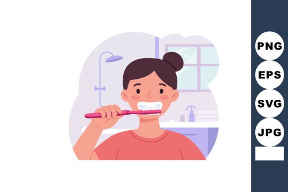 Girl Brushing Teeth in Bathroom Hygiene: A Visual Asset for Real-World Applications