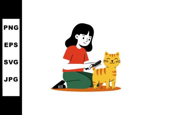 Girl Grooming Orange Tabby Cat with Brush