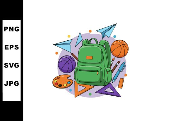 Green Backpack with School Supplies Art: A Cheerful Design for Practical Use