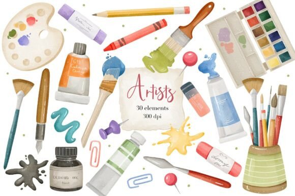 Watercolor Art Supplies Clipart for Creative Projects