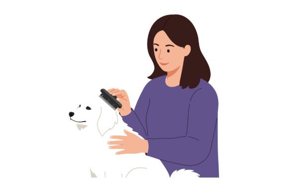 Woman Grooming Her Fluffy White Dog: A Serene Illustration for Digital Use